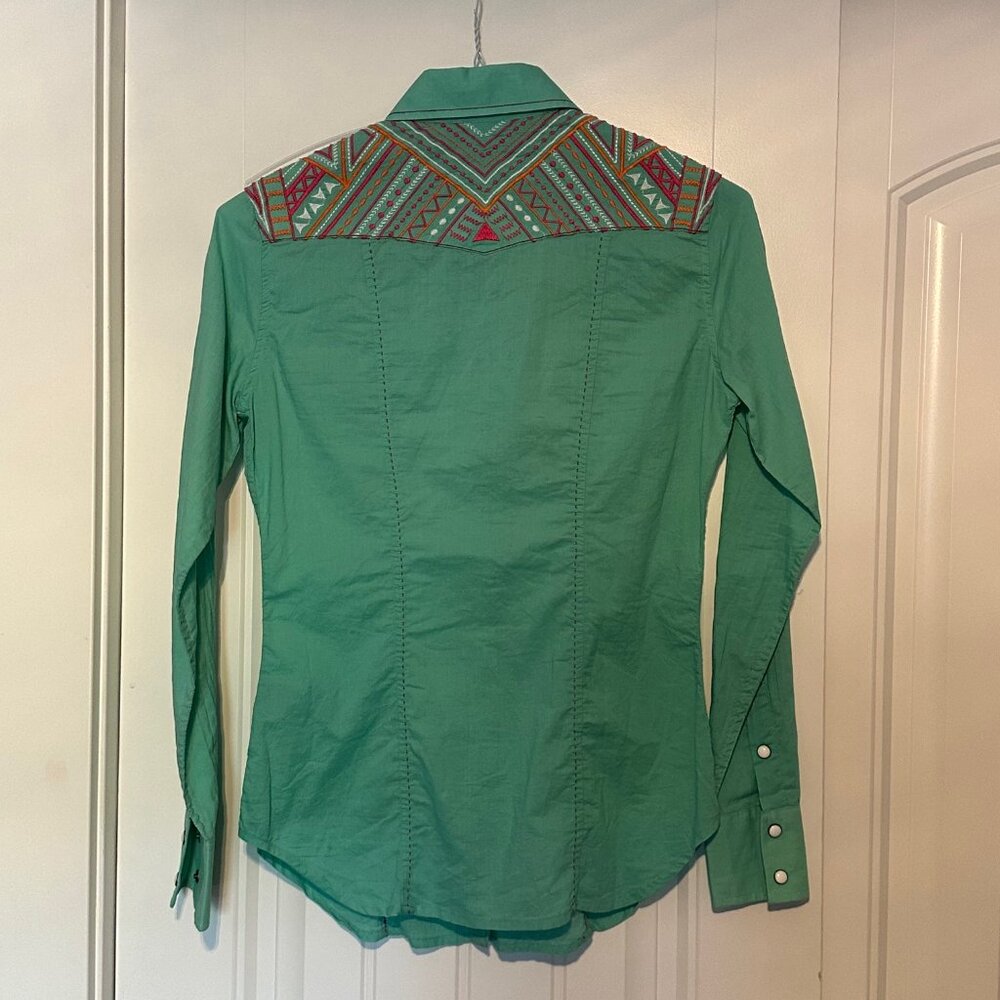 Rock & Roll Cowgirl Green Button-Down Western Shirt with Multicolor Yoke - Picture 2 of 2